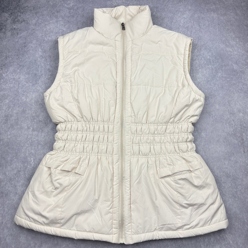 Maxim Studio Puffer Vest Womens 1XL Ivory White Quilted Cinched Elastic Waist XL